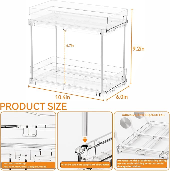 2 Tier Pull Out Cabinet Organizer and Medicine Cabinet Storage for Supplement,Vitamin,Medication and Pill Bottle,10.4" Deep Pantry Organizers Drawer,Under Sink Organizer for Bathroom,Cupboard