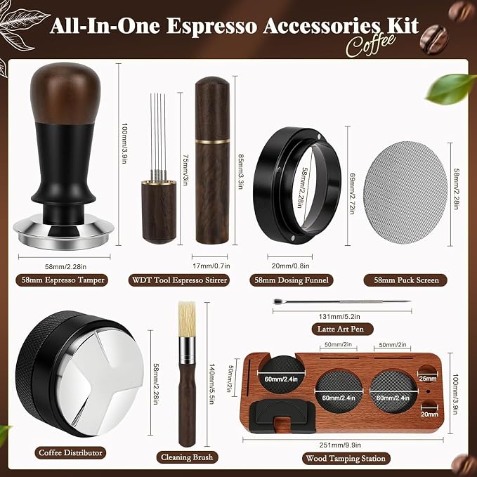 8 PCS Espresso Accessories Kit, 58mm Espresso Tamper Kit Coffee Tamper Set with Coffee Distributor, Espresso Tamping Station, Espresso WDT Stirrer,Dosing Funnel, Fits Breville 58 mm Portafilter