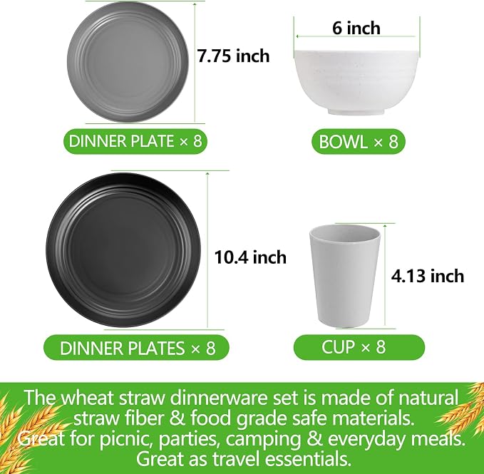 32pcs Multicolor Reusable Wheat Straw Dinnerware Sets for 8 | Include Plastic Plates,Bowls,and Cups Set,Durable Lightweight Unbreakable Dish Set for RV,Camping,Party,and Daily Home Use