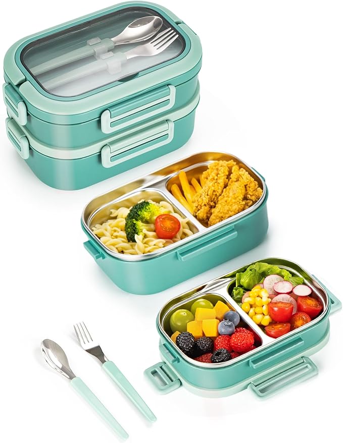 Lille Home Stackable Stainless Steel Bento Lunch Box + Insert Cutlery, 56oz | 2 Tier Leakproof Metal Lunch Boxes, 4-Compartment Food Containers for Work, Picnic, Meal Prep & Portion Control (Green)