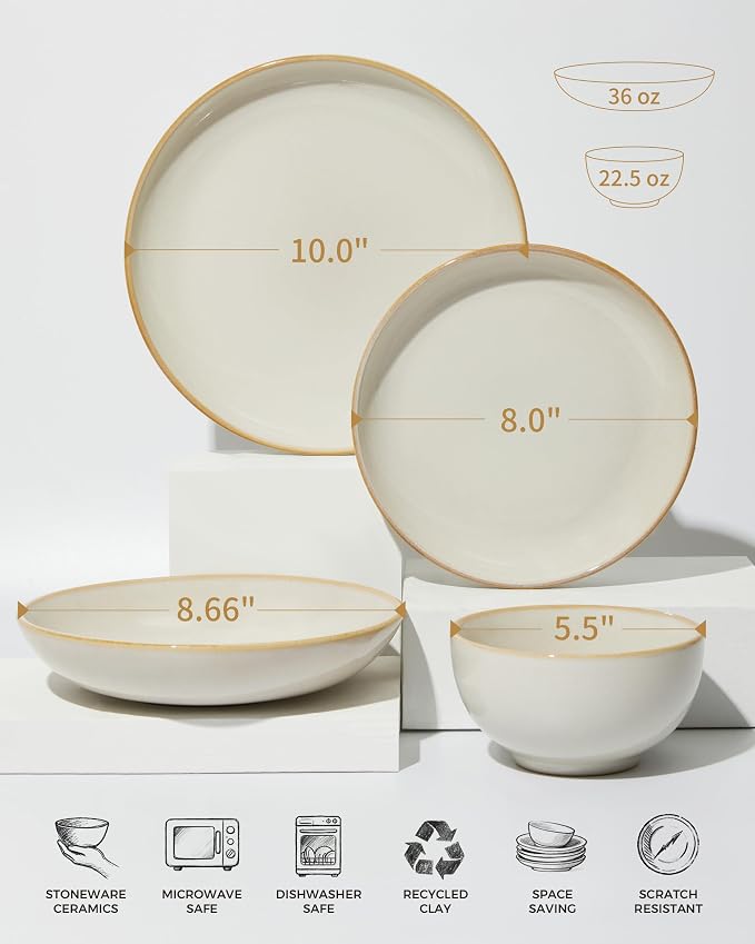 32 Piece Double Bowl Dinnerware Sets with Pasta Bowls, Highly Chip and Crack Resistant Plates and Bowls Sets, Natural Earthyware Ceramic Dishware Sets, Service for 8 Yellow White