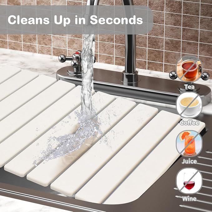 Large Stone Dish Drying Mat for Kitchen Counter, Quick Dry Dish Drying Mats, Foldable Absorbent Diatomaceous Earth Mats for Plate Rack Bottles Cups, Match Any Countertop (White 24"×16" & 8"x4")