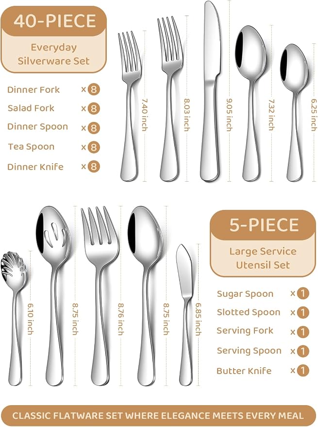 45 Piece Silverware Set for 8 with Serving Utensil Set, Food-Grade Stainless Steel Flatware Set Include Forks Spoons Knives, Dishwasher Safe for Home Hotel Restaurant Wedding, Mirror Polished