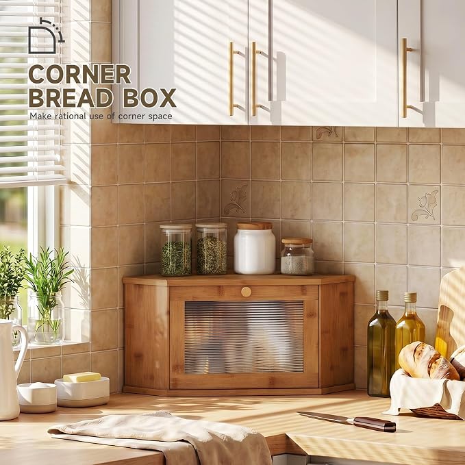 Corner Bread Box For Kitchen Countertop,Bread Storage Bin (Brown, Medium) | Small Bamboo Bread Container,Corner Shelf For Kitchen Decor