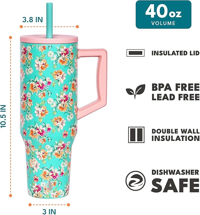 Elemental Spill Proof 40oz Insulated Tumbler with Handle & Straw Travel Mug | Stainless Steel Commuter Travel Coffee Mug for Cold Beverages, Includes 2 Straws & a Spill Proof Lid for Everyday Use