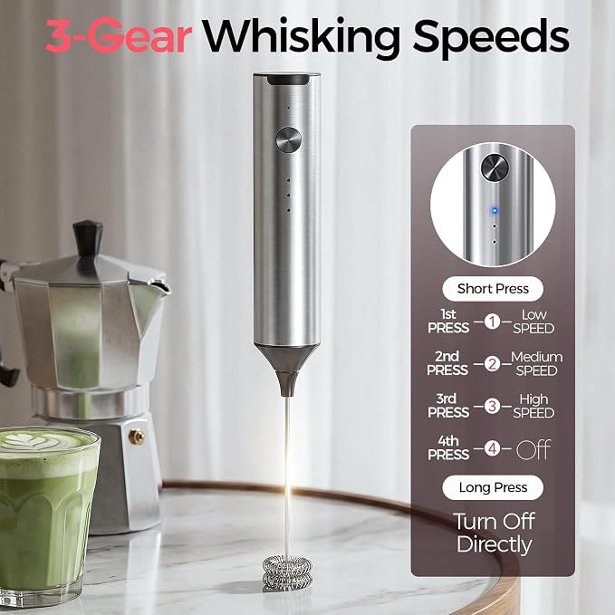 YARRAMATE Rechargeable Milk Frother, 3-Speed Electric Mixer with Stand | Frother Wand with 2 Stainless Steel Whisks, Handheld Drink Mixer for Latte, Cappuccino, Matcha, Coffee and Protein Drinks