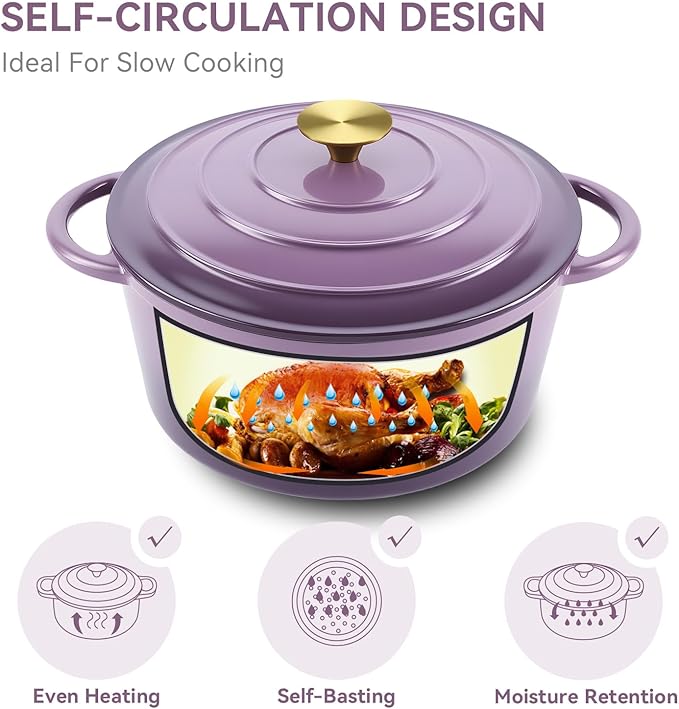 Miereirl 6 Quart Enameled Dutch Oven Pot with Lid, Cast Iron Dutch Oven with Dual Handles for Bread Baking, Cooking, Non-stick Enamel Coated Cookware, Purple