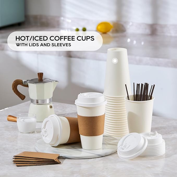 JOLLY PARTY [50 Pack] 16 oz Paper Coffee Cups, Disposable Paper Coffee Cup with Lids, Sleeves, and Stirrers, Hot/Cold Beverage Drinking Cup for Water, Juice or Tea, Suitable for Home, Shops and Cafes