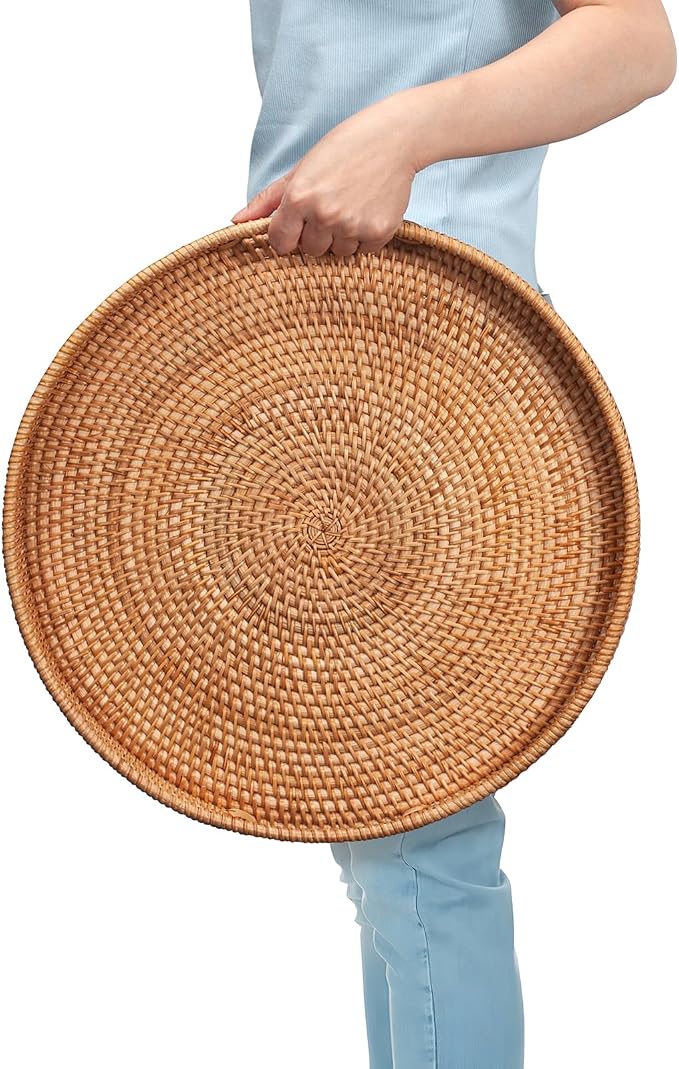 Rattan Large Serving Tray, Wicker Round Fruit/Bread Serving Basket, Extra Large Decorative Ottoman Tray for Living Room, Coffee Table, Breakfast, 16.9 inch