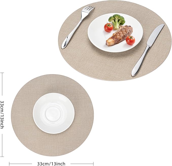 Faux Leather Placemats Set of 6, Wipeable Waterproof Stain Resistant Table Mats, Heat Resistant Thick Placemats with Hand-Painted Edges for Kitchen Dining, Imitative Linen Texture, Various Shapes