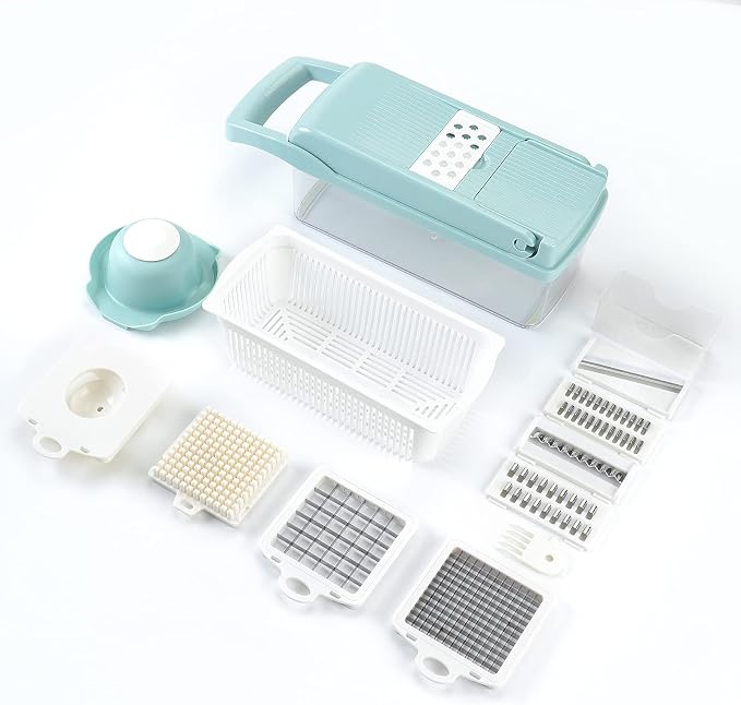 KEOUKE Vegetable Chopper Mandoline Slicer Blue - 12 in 1 Interchangeable Blades Food Chopper with Container, Hand Guard & Drainer, Veggie Dicer Kitchen Gadget for Onion, Cucumber, Tomato, Fruit