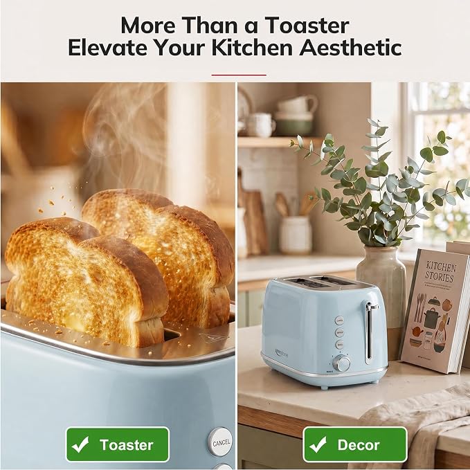 Retro 2 Slice Stainless Steel Toaster with 6 Bread Shade Settings, Bagel, Cancel, Defrost Function, Extra Wide Slot, Removable Crumb Tray, Blue