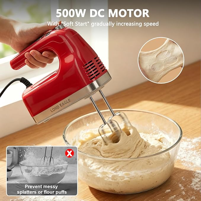 Lord Eagle 9-Speed Digital Hand Mixer Electric Handheld, 500W DC Motor | Kitchen Mixer for Cake Baking, Lightweight Egg Beaters with Stain-resistant & Waterproof Storage Bag & 6 Accessories, Red