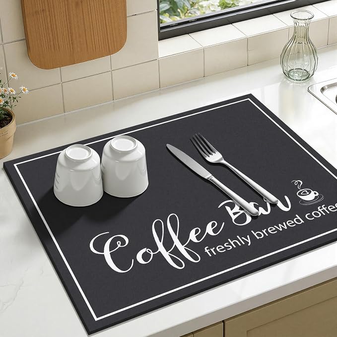 Findosom Dish Drying Mat, 18" x 24" Super Absorbent & Hide Stain Coffee Mat, Cuttable Drying Mat for Kitchen Counter, Coffee Bar Accessories, Under Dish Rack, Coffee Maker, Espresso Machine, Black