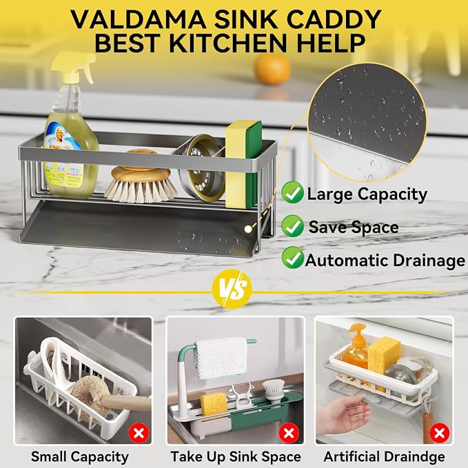 Kitchen Sink Caddy Organizer for Kitchen Countertop Organizers Grey | 304 Stainless Steel, Removable Drip Tray, Home Decor Accessories