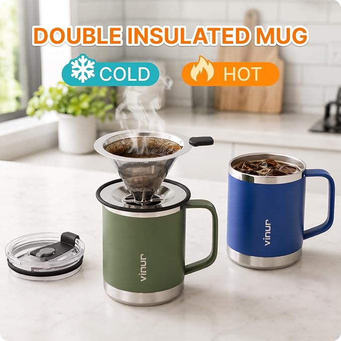 VINUR Insulated Pour Over Coffee Maker-12 oz Stainless Steel Coffee Maker | Stainless Steel Vacuum Insulated Coffee Maker With Stainless Steel Filter for Home, Camping, Gift for Men & Women (Navy)