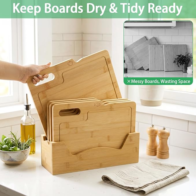 4 Pack 12.5"L x 9.8"W Bamboo Cutting Boards with Holder, Wood Cutting Board Set, Chopping Boards Set with Food Icons, Kitchen Cutting Board Ideal for Meat, Fish, Bread, Vegetable, Fruit