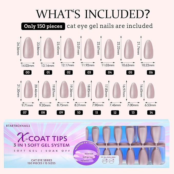 BTArtboxnails XCOATTIPS Cat Eye Press On Nails, Medium Almond, Falling Star | Lamp-Curable 4-Week Wear, Salon Quality Value at Home, Natural Nail Look, Easy-to-Apply for Beginners, 150ct Nail Tips Only