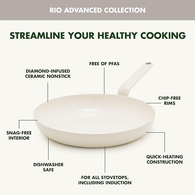 GreenPan Rio Advanced 10" Frying Pan Skillet, Ceramic Nonstick PFAS-Free, Induction Ready, Dishwasher and Oven Safe, Cream White