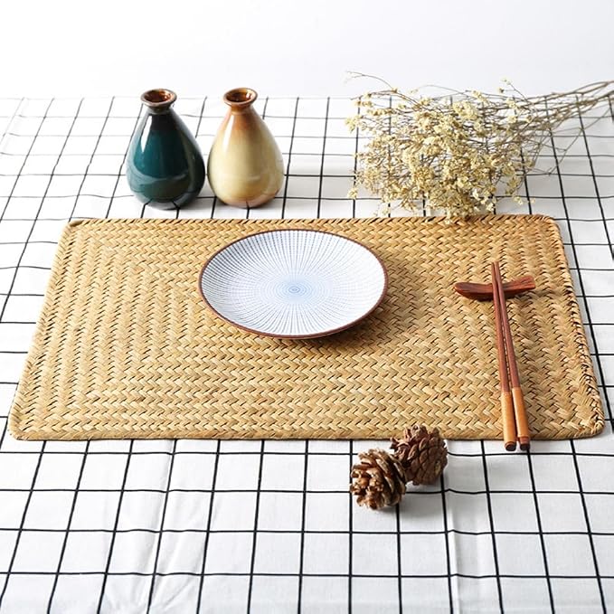 4 Pack Woven Placemats, Rectangular Rattan Place mats, Natural Seagrass Placemats, Farmhouse Wicker Table Mats for Dining Table