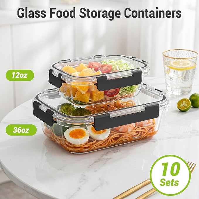 10 Sets 36 oz & 12 oz Glass Food Storage Containers with lids, Black | 20-Piece Airtight Leak-proof Glass Meal Prep Containers with Lids, Microwave Oven Freezer Dishwasher Safe