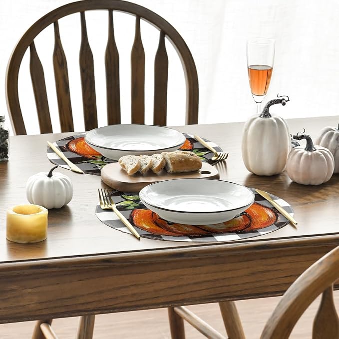 Artoid Mode Buffalo Plaid Pumpkin Fall Round Placemats Set of 4, 14 Inch Round Table Mats for Dining Decoration | Heat-Resistant, Washable Table Mats, Seasonal Autumn Bowknot Kitchen Dining Decor