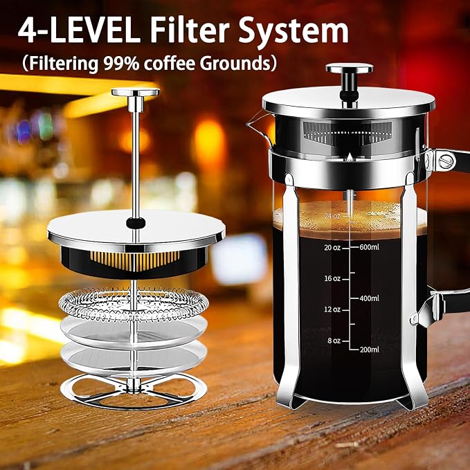 YMMIND French Press Coffee Maker 304 Stainless Steel Coffee Press,with 4 Filters System, Heat Resistant Thickness Borosilicate French Press Glass, BPA-Free Brewed Tea Pot Coffee Plunger
