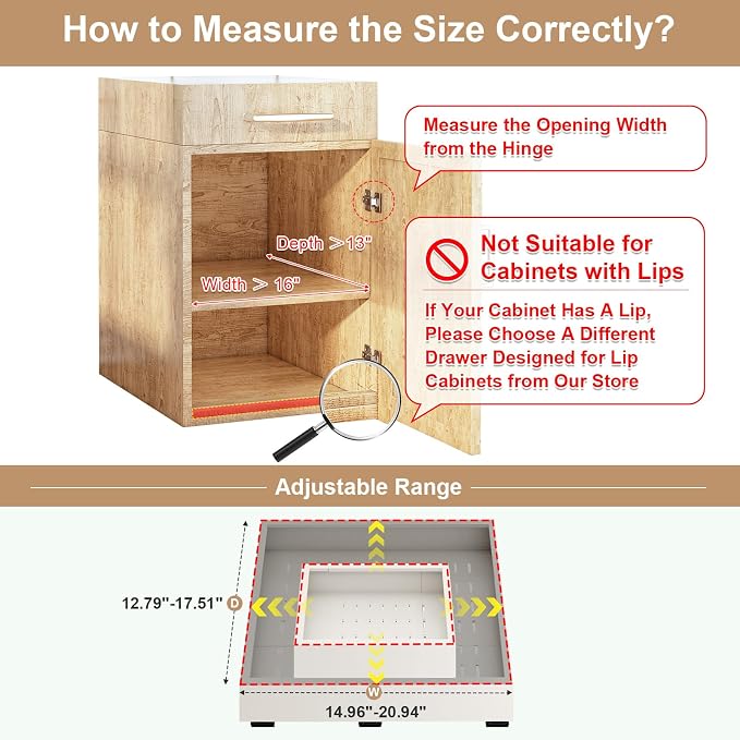 Fokyfok Pull out Cabinet Organizer,16"-21"W,13"-17"D,Expandable,Adhesive | No Drill,3 Rails,Adjustable Slide out Drawers for Kitchen,Pantry,Roll out Shelves,for Cabinets Without Lip,Bathroom,White,1PC