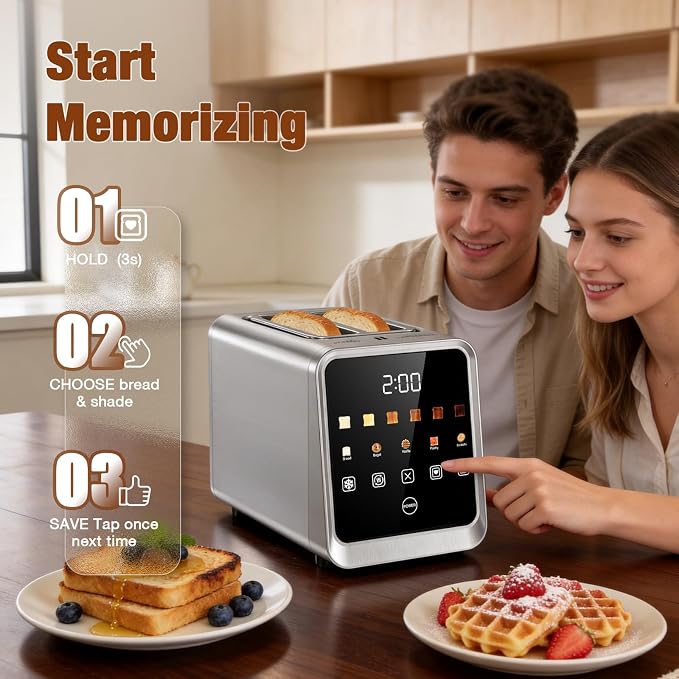 2 Slice Toaster with Touch Screen, 1.5" Wide Slot for Bagels, Smart Digital | Toasters with Single Slot Toasting, Memory Function, 5 Bread Types & 6 Shade Settings, Defrost, Reheat, Removable Crumb Tray