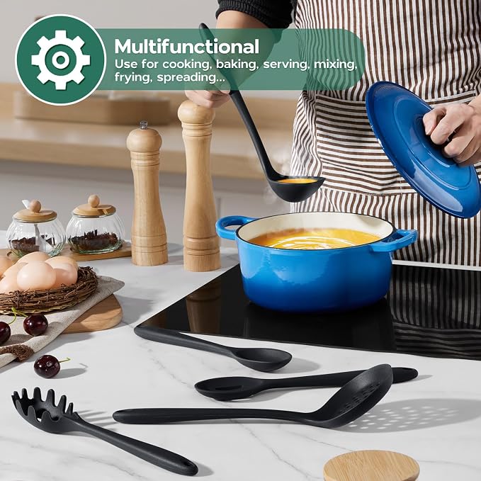 Onader Kitchen Utensils Set, 10 Pieces Black Silicone Cooking Utensils Set | Nonstick Cookware Friendly, Non Toxic & Dishwasher Safe