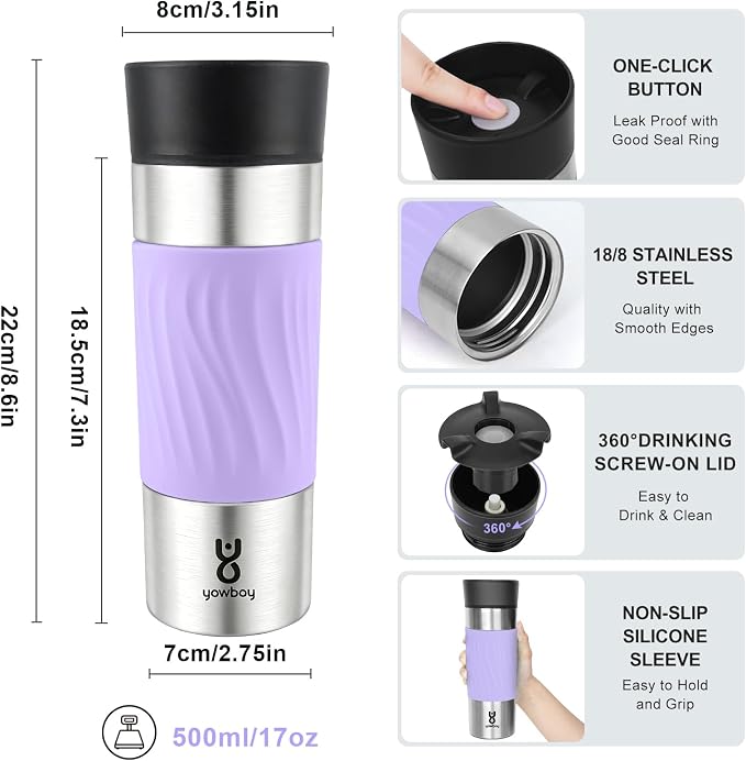 Travel Coffee Mug with 360°Lid, Travel Coffee Tumbler 16 oz Leak Proof, Stainless Steel Insulated Travel Mugs for Hot and Cold Spill Proof Leak Proof(Light Purple)