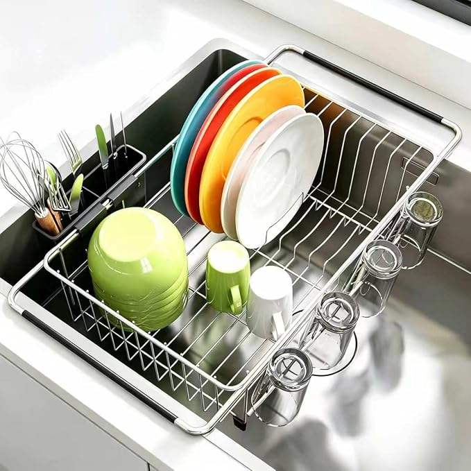 Expandable Over Sink Dish Drying Rack, Rustproof Stainless Steel Dish Drainer with Cutlery Utensil Holder, Quick Drainage Space Saving Kitchen Storage Organizer for Small Apartments RV