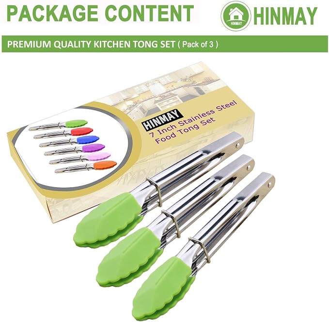 HINMAY 7" Mini Tongs with Silicone Tips, Set of 3 (Green) | 7 Inches Silicone Cooking Tongs