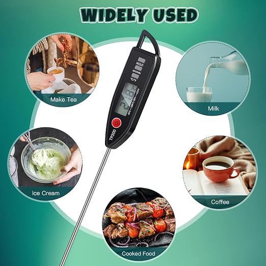 3 Set Digital Food Thermometer Long Probe Instant,Black | Waterproof for Water Liquid Candle, Instant Temperature Read for Kitchen BBQ Grill Candy Meat, Foldable Probe Thermometer