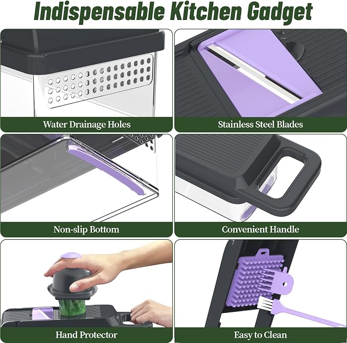 12-in-1 Vegetable Chopper 7 Blades, Veggie Cutter with Handle, Black/Purple | Stainless Steel Blades, Food Container and Lid, Dicer, Slicer, Julienne, Egg Separator, Non-slip Base, Include Cleaning Tools