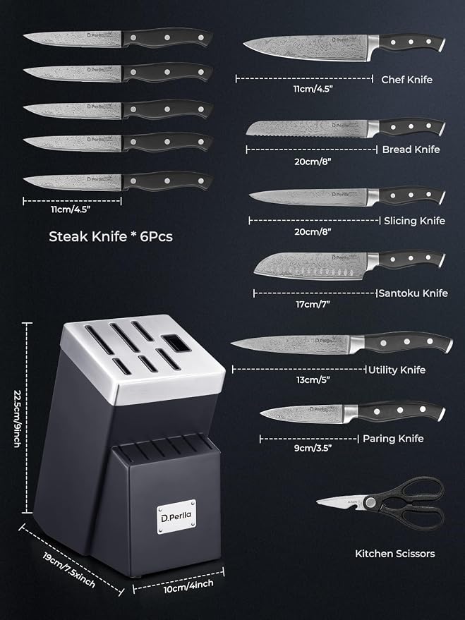 Knife Set, D.Perlla Kitchen Knife Set with Advanced Self-Sharpening Technology, 14 Piece Waved Texture Knife Set with Block, High Carbon Stainless Steel Knife Block Set, Razor-Sharp, Full Tang Handle