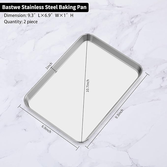 Baking Sheets 2 Pieces, Bastwe Stainless Steel Baking Pan Tray Cookie Sheet, Rectangle Size 9 X 7 X 1 inch, Healthy & Non Toxic, Rust Free & Mirror Finish, Easy Clean & Dishwasher Safe
