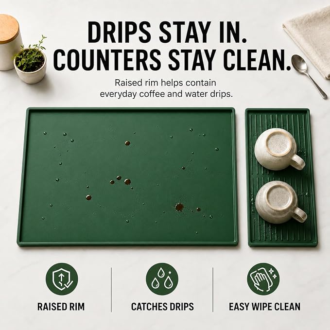 Silicone Coffee Mat 24 x 16 in with Tray, Deep Forest Green | Coffee bar mat for countertop use, coffee station mat or coffee machine mat with removable tray and 0.47 in raised rim.