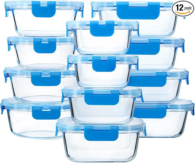 M MCIRCO 24 Piece Glass Food Storage Containers with Lids, Blue | Glass Meal Prep Containers,Airtight Lunch Containers with Lids, Microwave, Oven, Freezer and Dishwasher Friendly, BPA Free