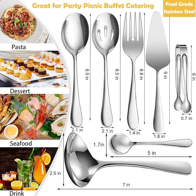 8 PCS Stainless Steel Serving Utensils, Large Serving Spoons Slotted Spoons, Forks, Ice Suger Tongs, Cake Server, Soup Ladle, Metal Utensils Set Great for Buffet Catering Banquet Party, Silver