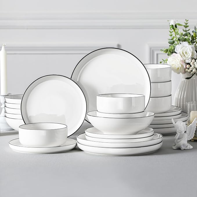 MALACASA 24 Pcs Porcelain Plates and Bowls Sets,Dinnerware Set for 6,White | Modern Ceramic Dishware Set,Kitchen Dining Ware,Microwave and Dishwasher Safe,Simple White with Black Trim Design,Series LUNA