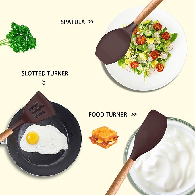 MIBOTE Silicone Cooking Kitchen Utensils Set, Wooden Handle, Coffee | BPA-Free, Non-Toxic Silicone Turner, Tongs, Spatula, Spoon Set – Great for Nonstick Cookware, Heat-Resistant, Easy Clean