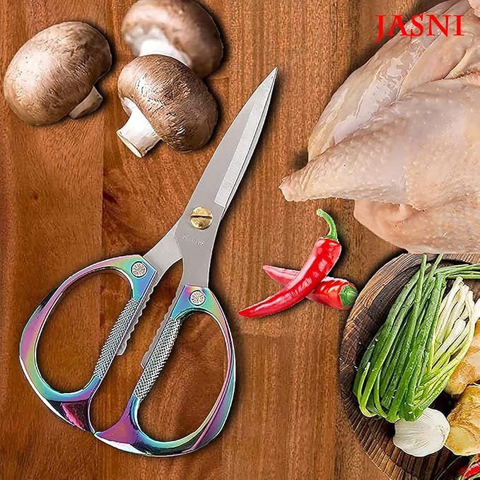 Multi-Purpose Kitchen Shears Scissors, Heavy Duty Stainless Steel Kitchen Scissors for Food with Strong Straight Edge Snips Colorful Handle (Iridescent Color)