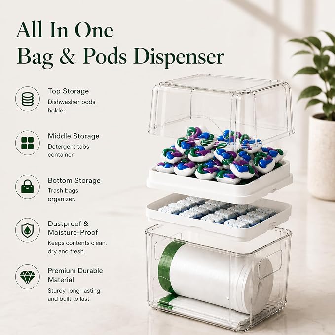Trash Bag Holder & Dishwasher Pod Dispenser with 2 Bamboo Lid Storage Containers, Clear Acrylic Under Sink Organizer for Garbage Bags, Laundry Detergent Pods & Tabs, Kitchen Pantry Laundry Room