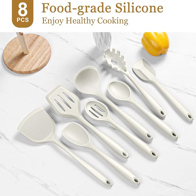 LIANYU 8Pcs Kitchen Cooking Utensils Set, Nonstick Silicone Utensil Sets | Heat Resistant Kitchen Gadgets Essentials for Nonstick Cookware, with Spatula, Spoon, Tuner, Ladle, Dishwasher Safe, White