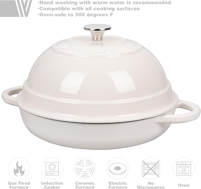 Cast Iron Enameled Dutch Oven Pot with Lid for Bread Baking, Bread Oven, 6 Quart, White