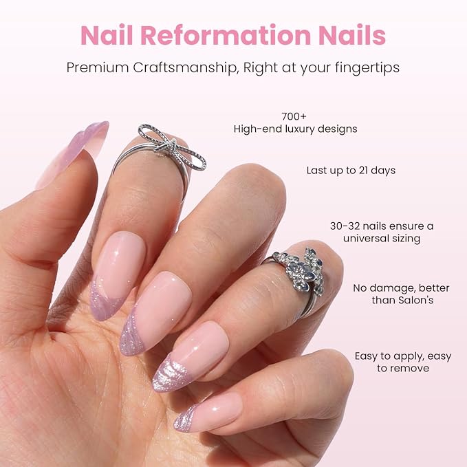 Nail Reformation Press On Nails, Lavender Silk | Medium Almond Fake Nails | with Natural Nude Base & Shimmer Wavy French Tip, Reusable Stick On Nails Kit - 30 Pcs in 15 Sizes, Manicure Gifts for Women