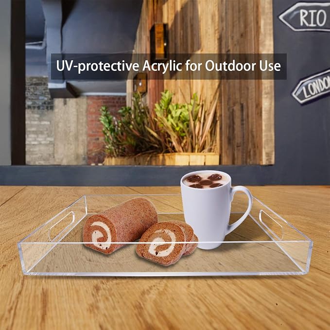 NIUBEE Acrylic Serving Tray 16x20 Inches -Spill Proof- Clear Decorative Tray Organiser for Ottoman Coffee Table Countertop with Handles | Spill-Proof tray for Coffee Table, Ottoman | Decorative Tray for Breakfast in Bed, Drink Serving & Home Organization