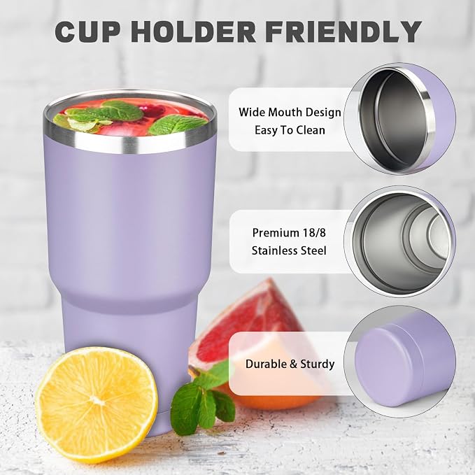 30 oz Tumbler with Lids and Straws, Stainless Steel Insulated Coffee Tumbler, Double Wall Vacuum Insulated Travel Mug Cup, Leakproof Thermal Coffee Cup for Hot and Cold Drinks (Light Purple)