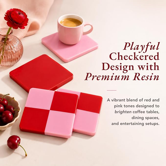 Folkulture Pink & Red Decorative Coasters Set of 4, Non Slip, 4 Inch | Coffee Table, Farmhouse Decor, Modern Home Decor, Easy to Clean, Housewarming Gift